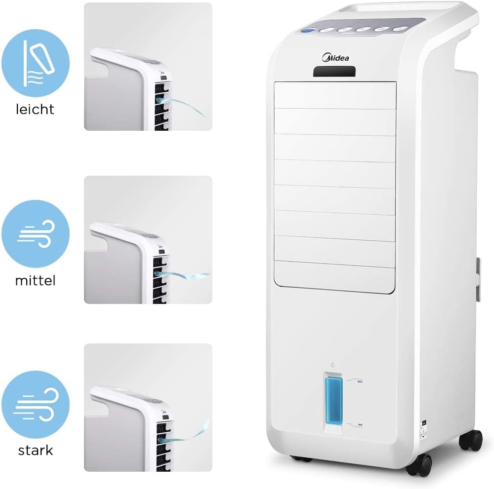 Midea AC100-16BR Luftkühler mit Wasserkühlung, Klimaanlage Mobil, Ventilator mit 5L Wasserkühlung, Luftbefeuchter, mit Fernbedienung, 7H Timer, Weitwinkeloszillation, LED Anzeige, 55W
