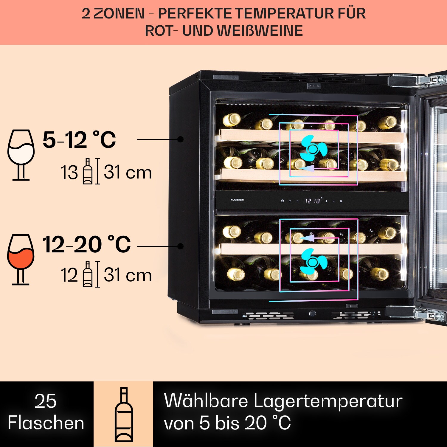 Rhône 25 Duo Weinkühlschrank Kompression 2 Zonen 75 Ltr / 25 Flaschen