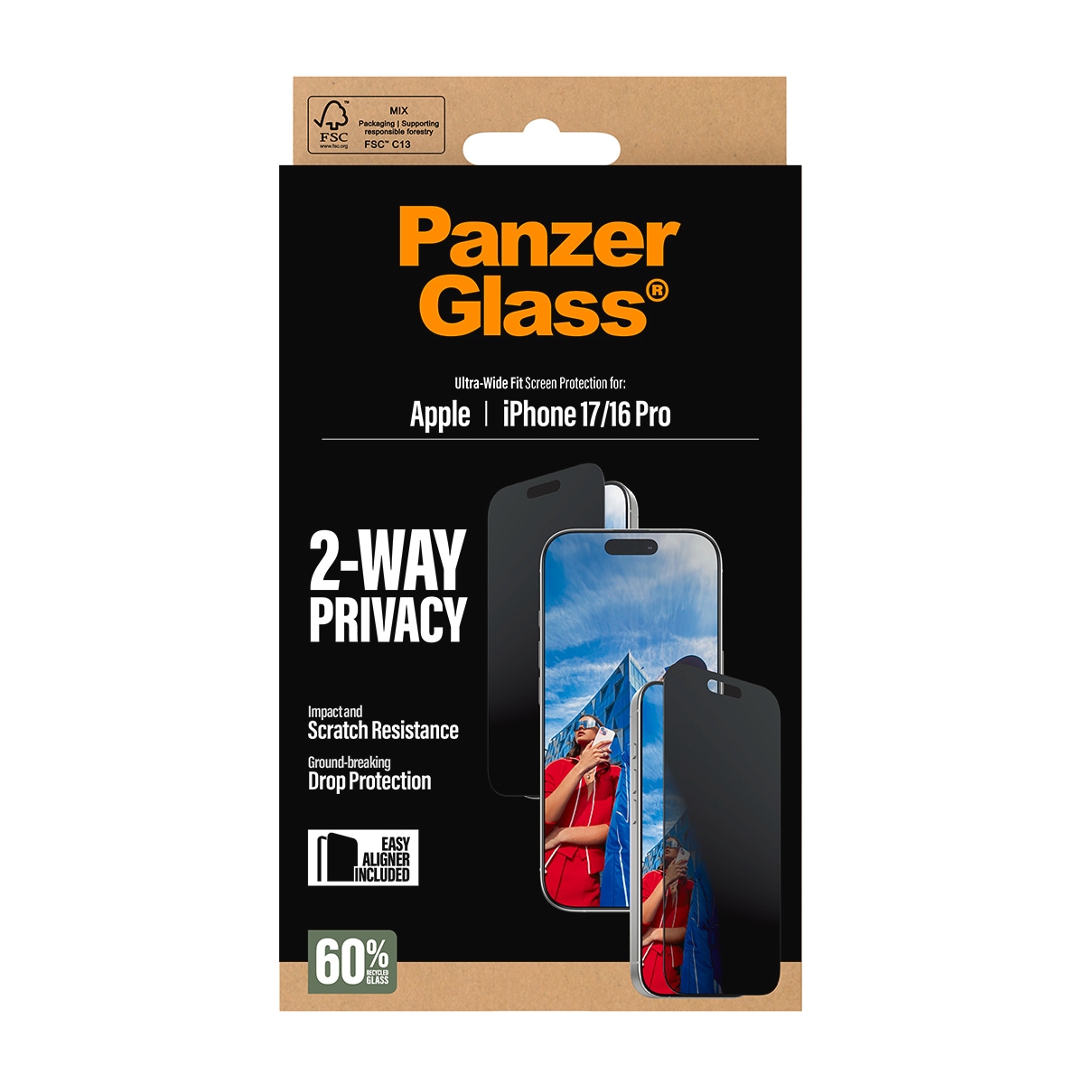 CARE by PanzerGlass Displayschutzglas »2-Way Privacy Ultra-Wide Fit Screen Protector« für Apple iPhone 17;Apple iPhone 16 Pro Displayschutzfolie, Schutzfolie, Bildschirmschutz, kratz- & stossfest