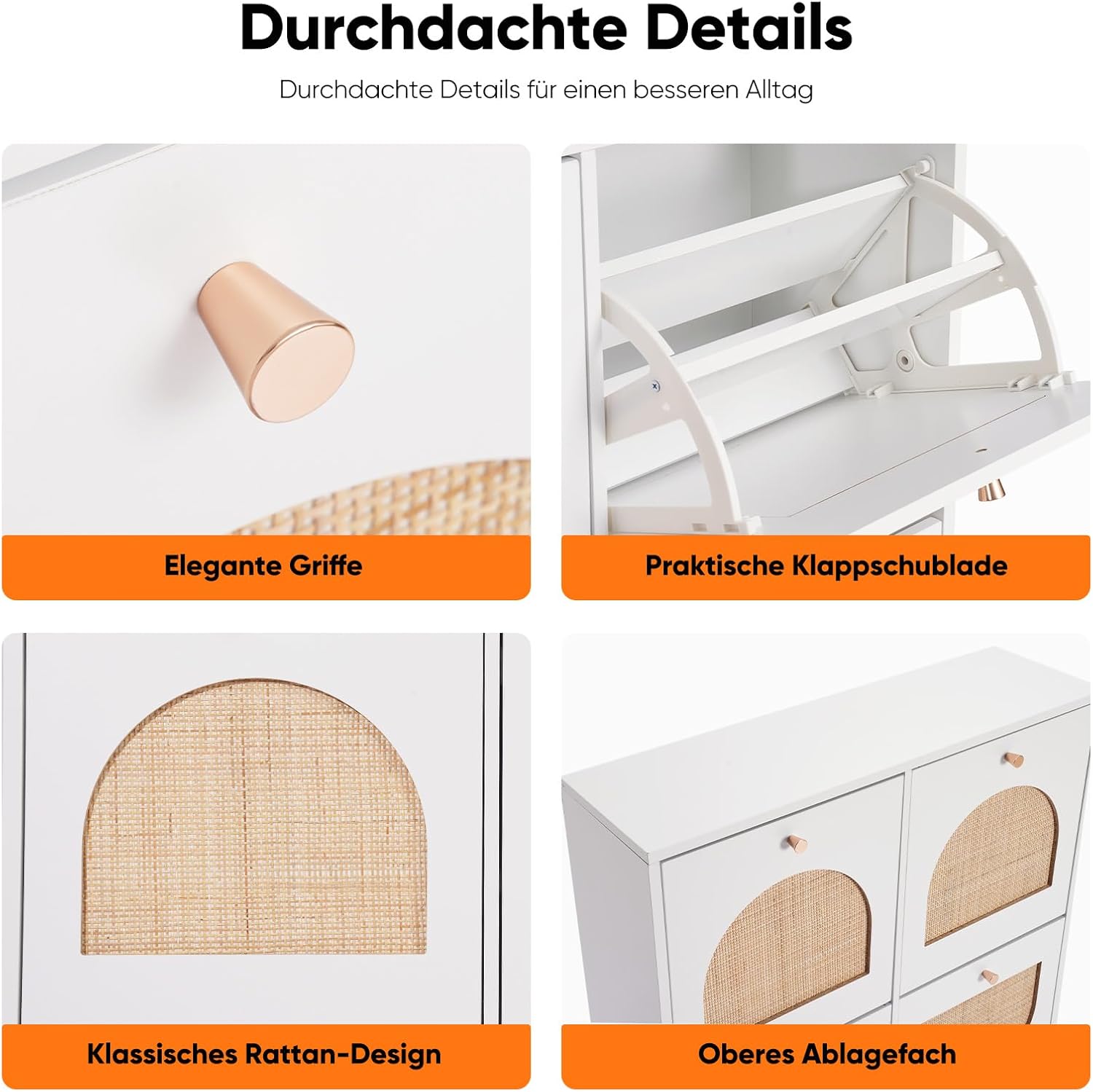 HOKEEPER Schuhschrank Schmal, Schuhregal mit 4 Klappen, Schuhkipper mit Verstellbar, Shoe Cabinet Holz, Schuhablage Schuhkommode für Eingang, Wohnzimmer, Flur, 105x24x80cm, Rattan