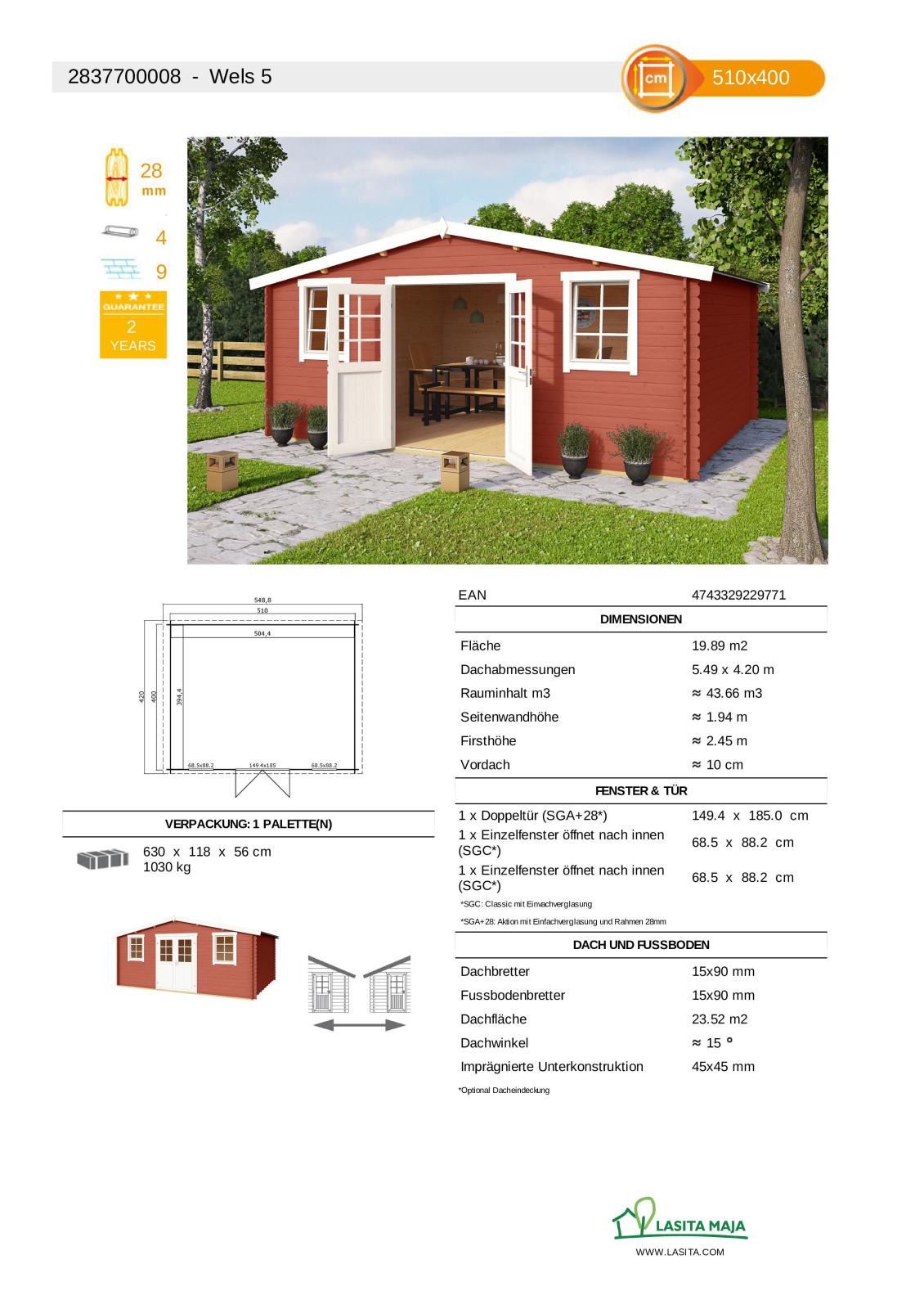 Gartenhaus WELS 5 - schwedenrot - Fichte massiv - 510x400 cm