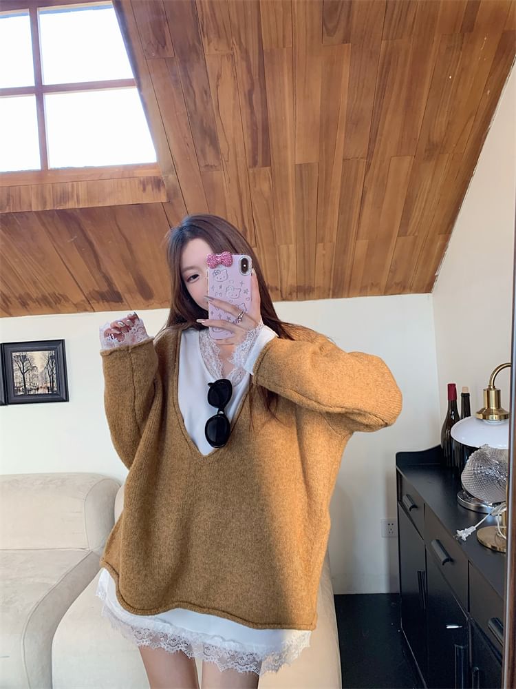 OUREA - V-hals effen oversized trui
