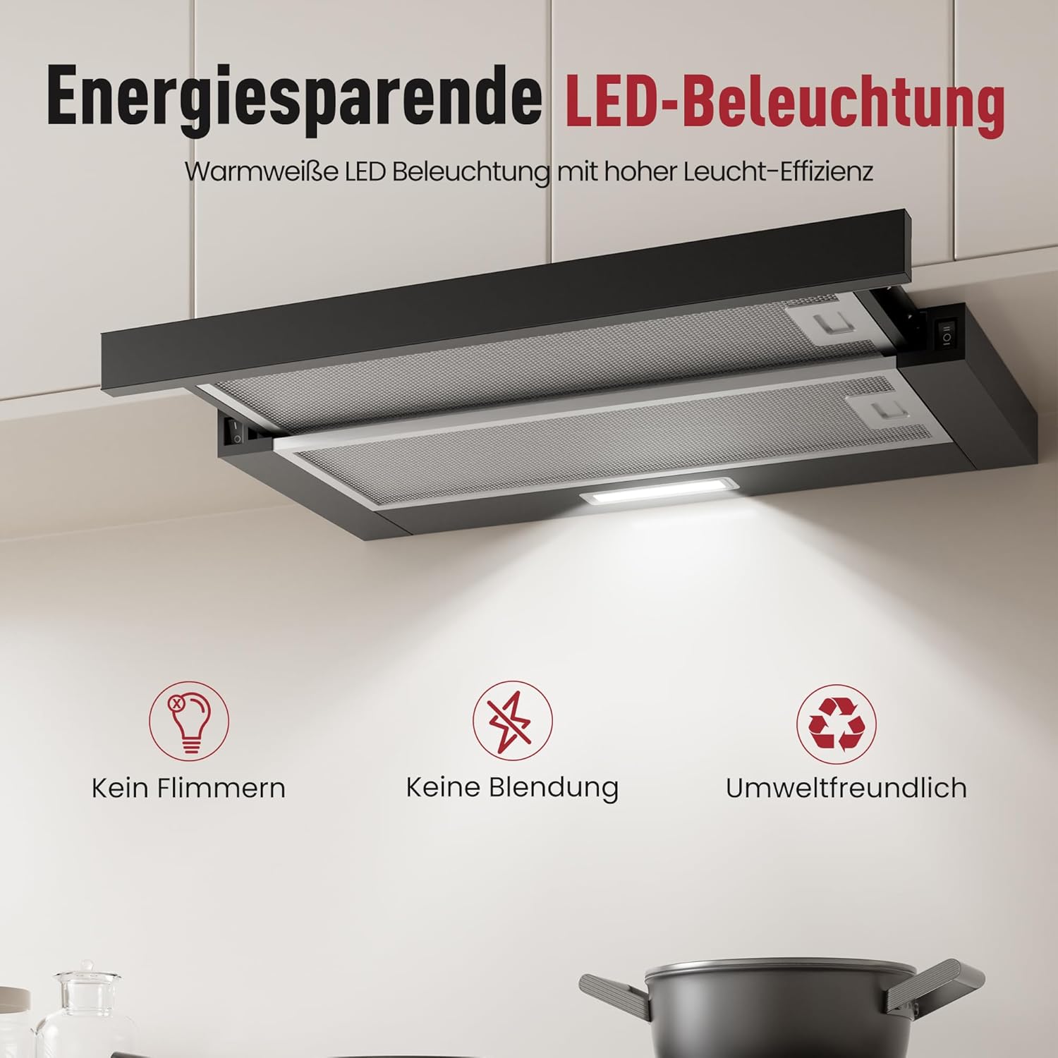 LEVIVO A+++ Flachschirmhaube 60cm Umluft & Abluft mit 400 m³/h, Einbau Dunstabzugshaube mit 2 Aktivkohlefiltern, 2 Fettfiltern, 2 Stufen, LED-Licht, Dunstabzugshaube 60cm Unterbau, Schwarz