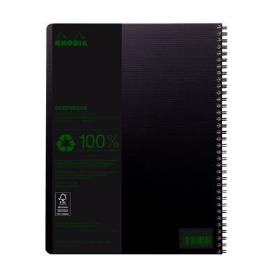 RhodiActive Greenbook - Cahier à spirale 100% recyclé - A4+ (22,5 x 29,7 cm) - 160 pages 90 g/m² - petits carreaux (5x5 mm) - noir