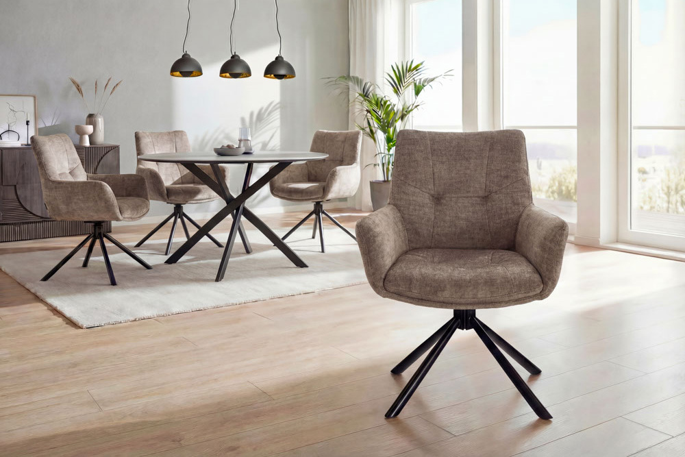 Drehbarer Design Stuhl SIGNATURE taupe Samt 360° Taschenfederkern schwarz Metall