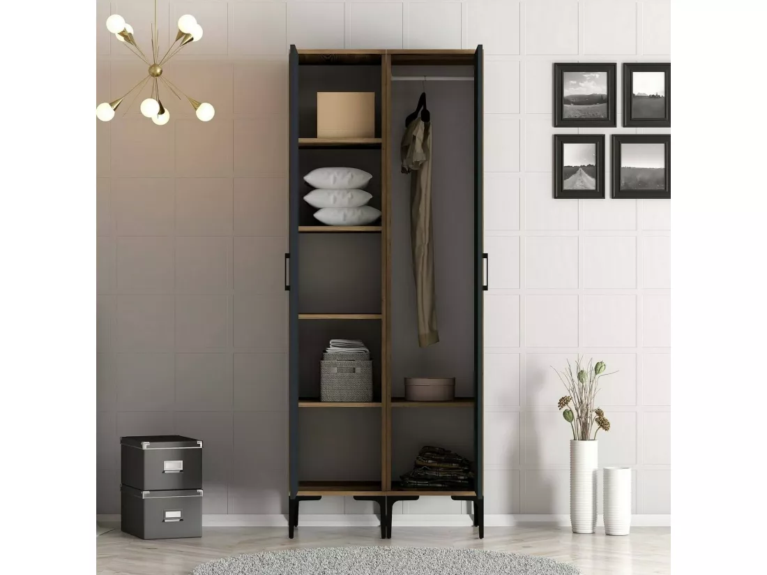 Garde-robe 2 portes Dpret, Meubles de chambre, Penderie de plain-pied, Placard à vêtements, 80x201h48 cm, Noyer et Anthracite