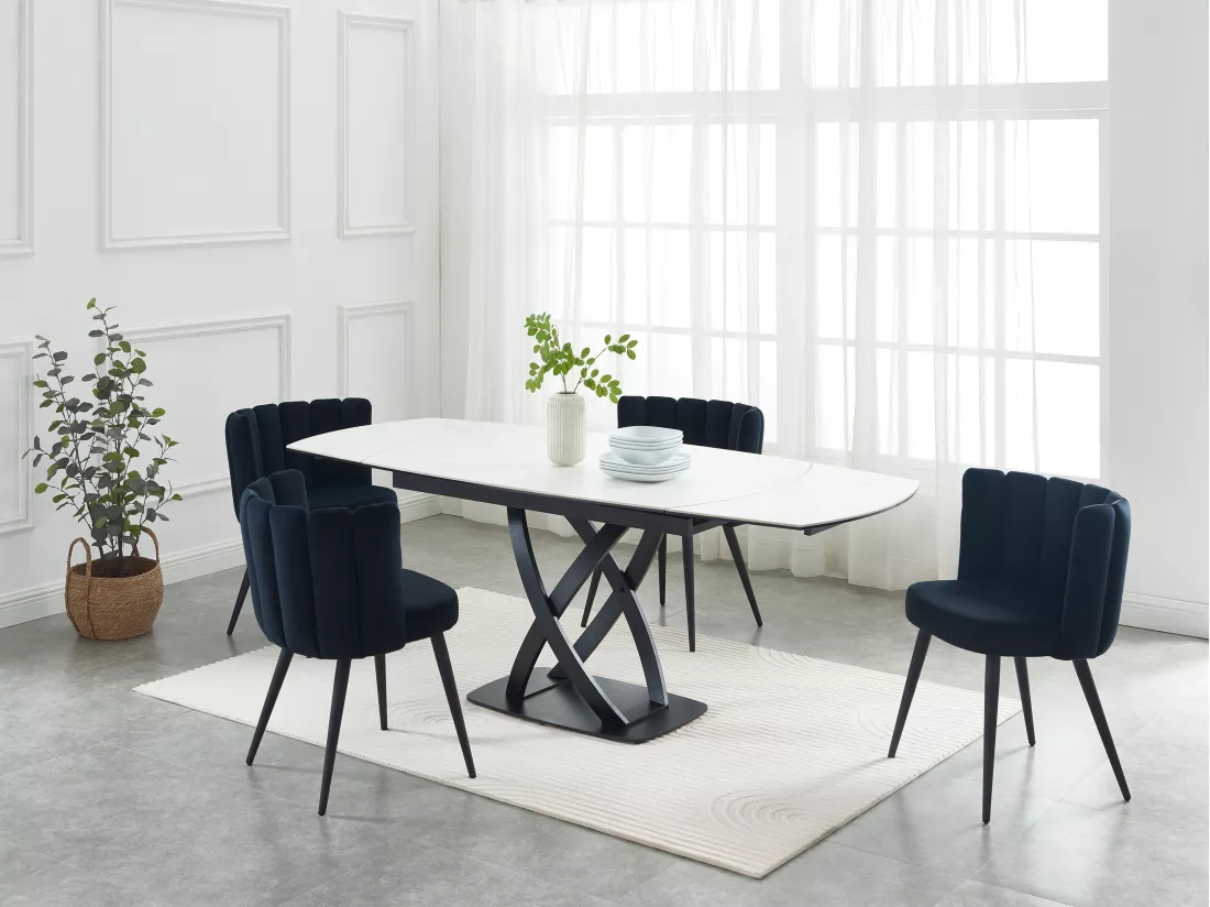 Table à manger extensible 4 à 8 personnes en céramique, verre trempé et acier inoxydable - Effet marbre blanc et Noir - LIOMELI de Maison Céphy