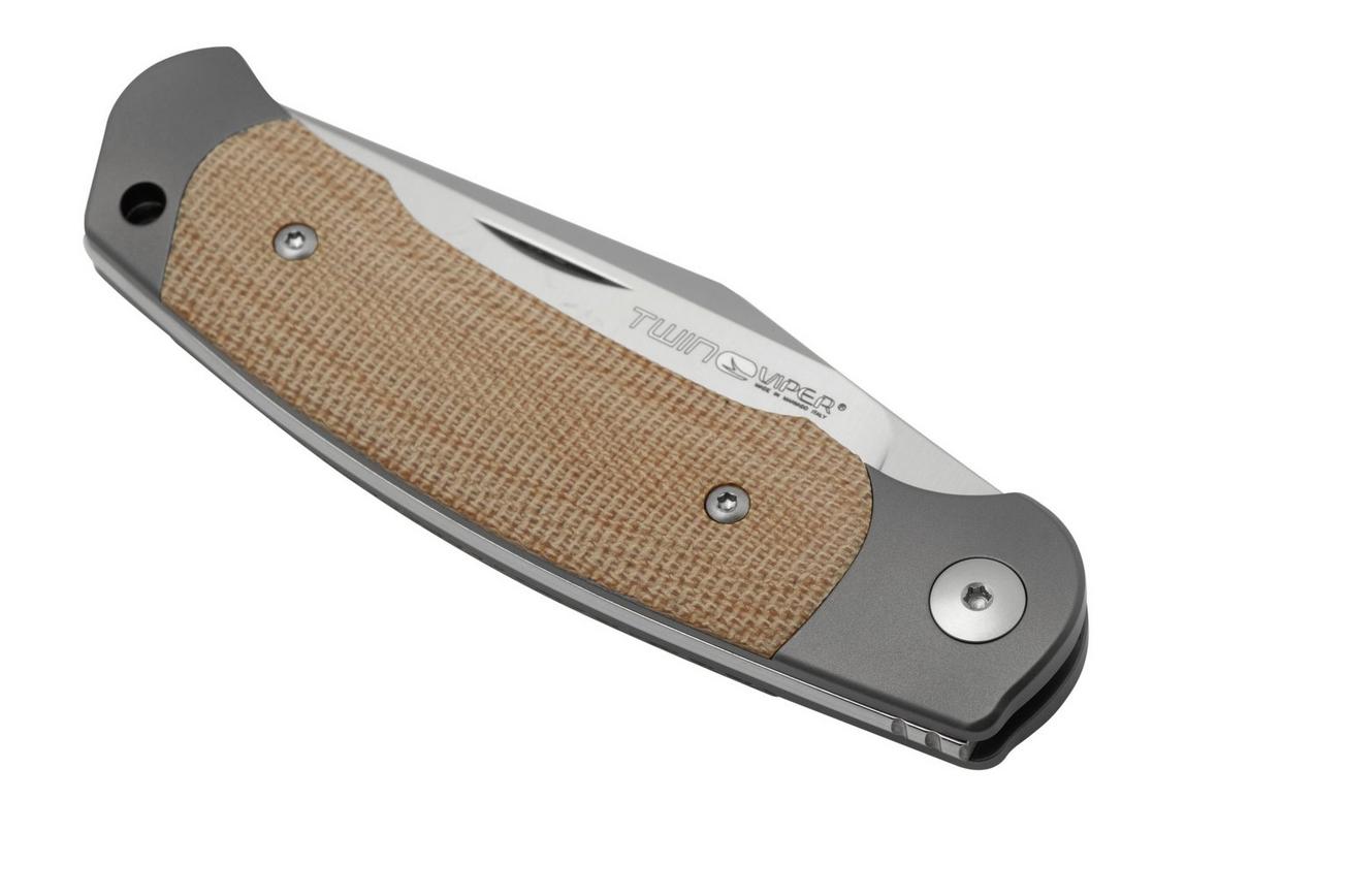 Viper Twin, V6002CN, Satin M390, Natural Canvas Micarta zakmes, Fabrizio Silvestrelli design