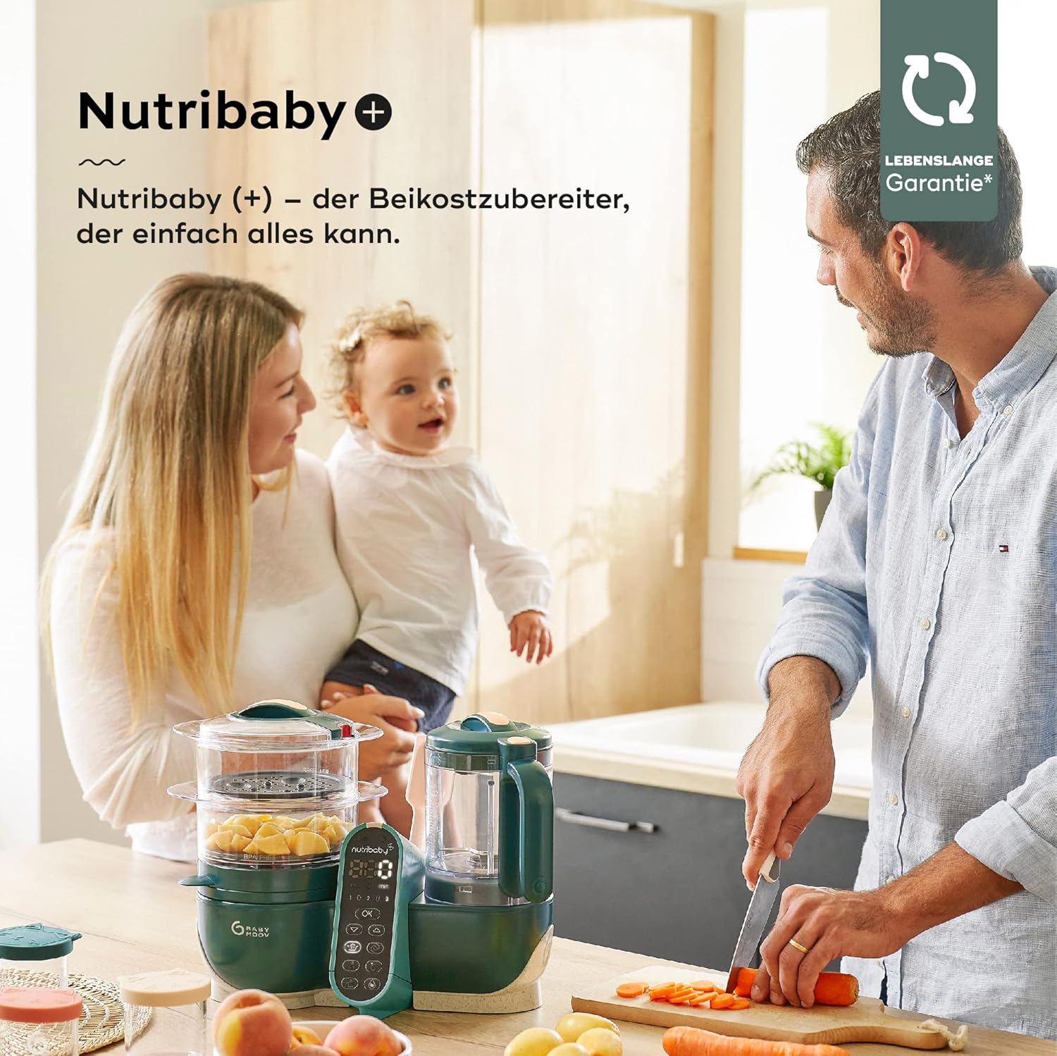 Babymoov Nutribaby Plus Opal Green - Babynahrungszubereiter, 2200ml Fassungsvermögen, schonendes Dampfgaren, Mixen, Sterilisieren, Aufwärmen