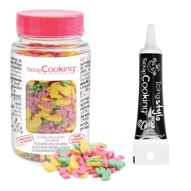 Décors sucrés Summer 50 g + Stylo de glaçage noir Scrapcooking