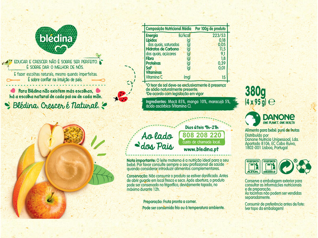 TACINHA FRUTA BLÉDINA 100% MAÇÃ MANGA E MARACUJÁ 4X95G