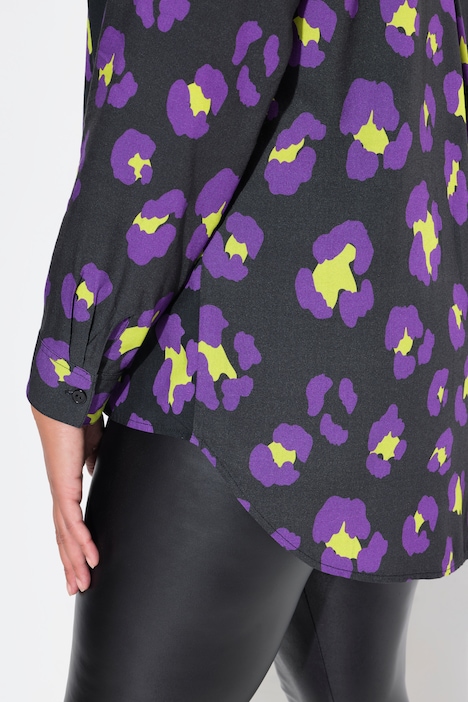 Bluse, A-Linie, farbiges Leomuster, Langarm