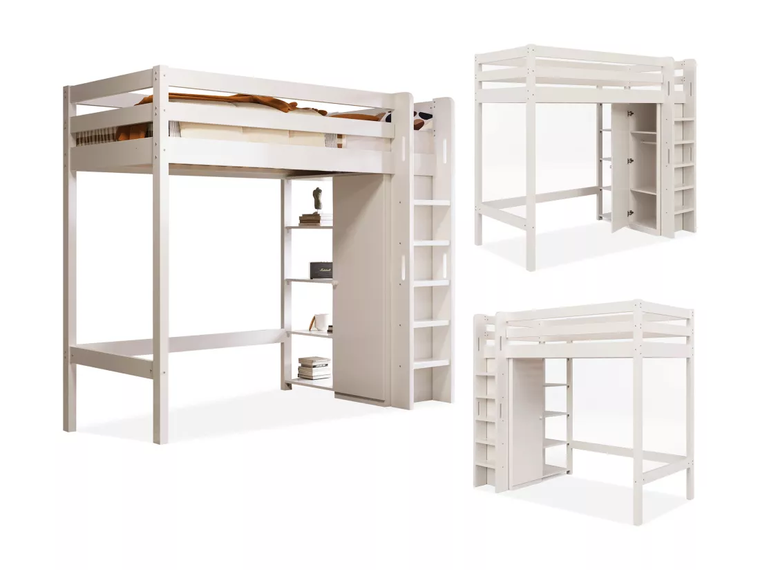 Lit mezzanine 90 x 200 cm avec armoire et 6 étagères - bois massif + MDF - blanc