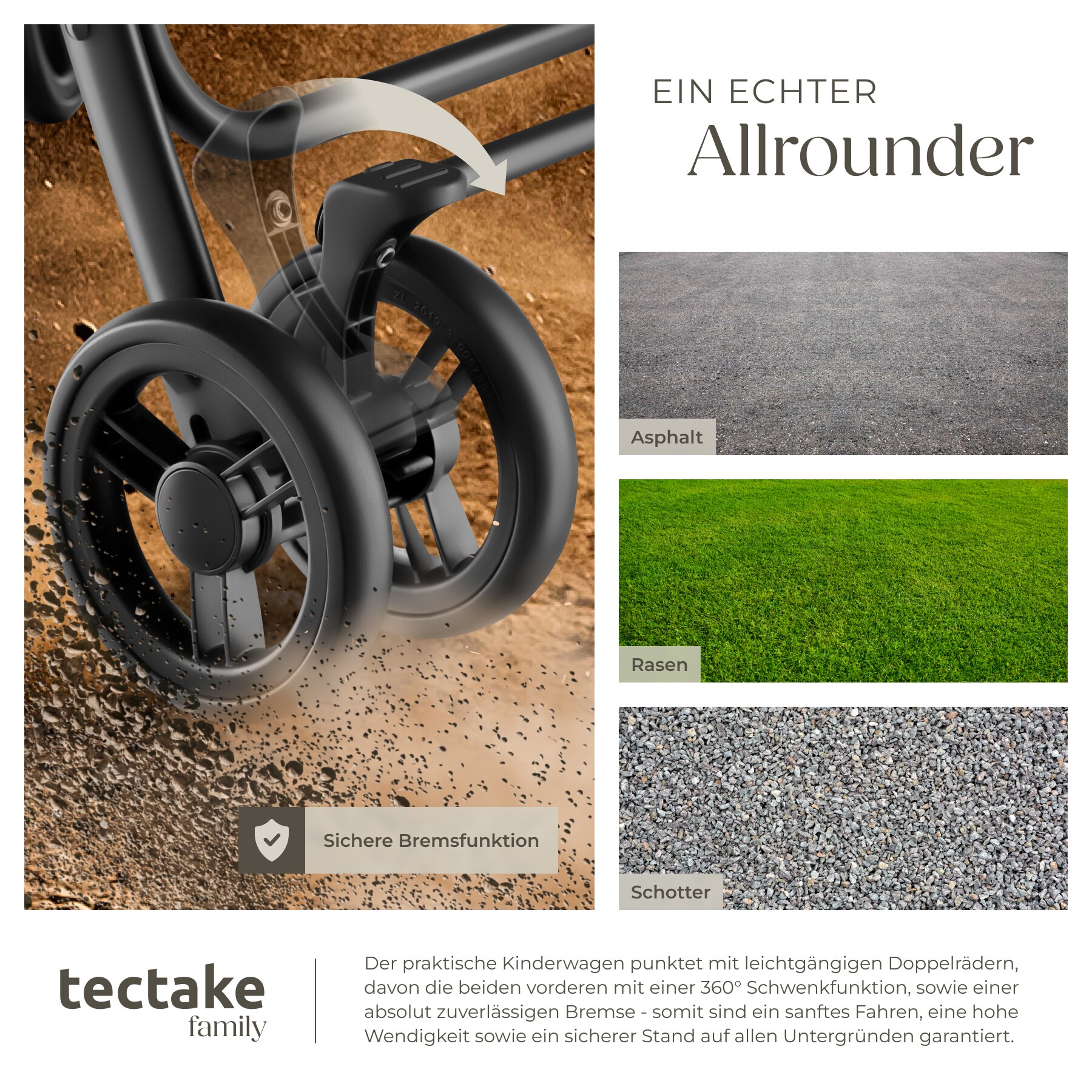 tectake® Buggy-Kinderwagen, klappbar, mit 5-Punkt-Gurt, Bremse und Schutzbügel, pulverbeschichtetes Stahlgestell und pflegeleichter Polyesterbezug, für 0 bis 36 Monate geeignet, Belastbarkeit 15 kg