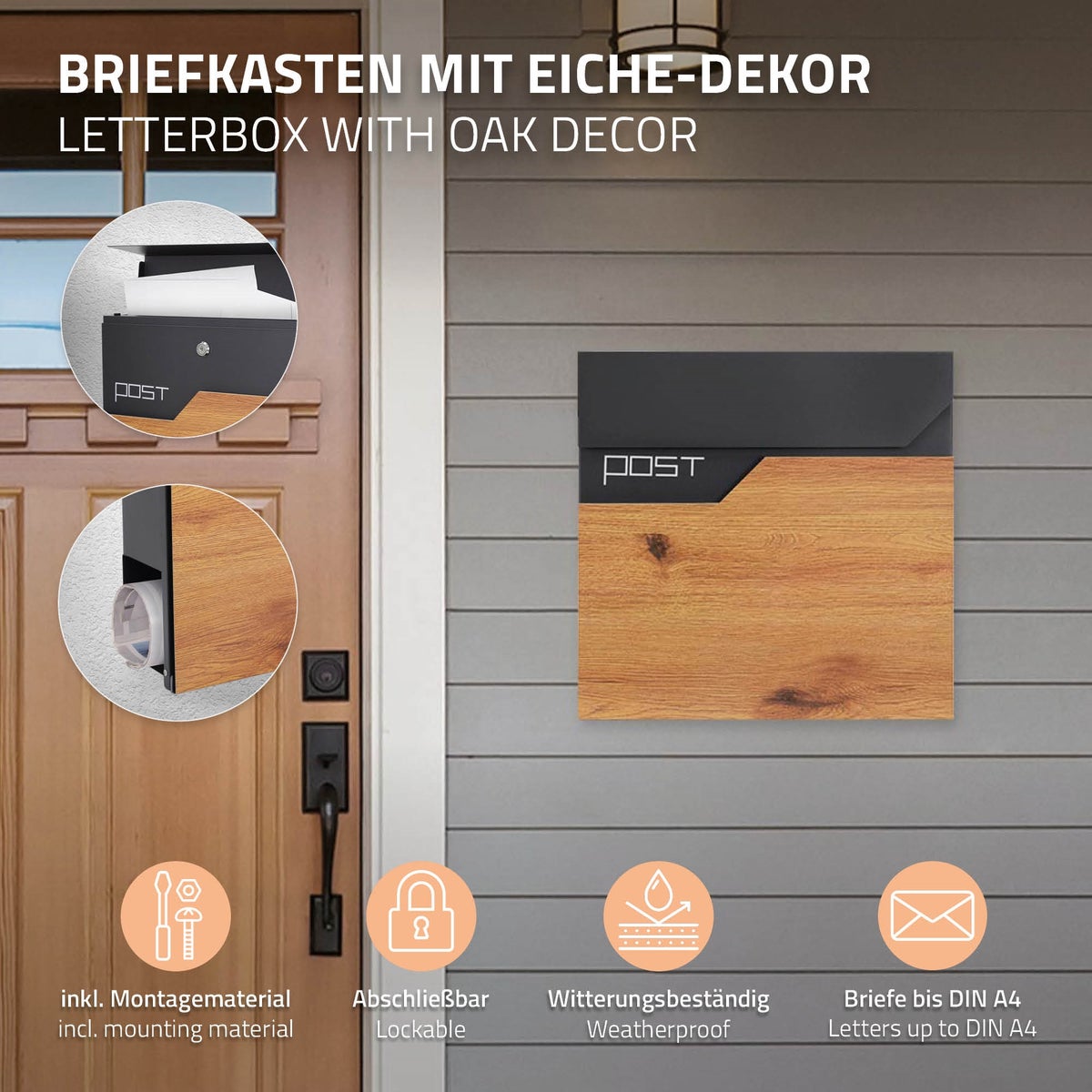 ML-Design Brievenbus, Antraciet Houtlook, Gepoedercoat RVS, 37x37cm, Brievenbus met Krantenvak, Afsluitbaar met 2 Sleutels, Design Wandbrievenbus met Krantenrol, Brievenbus voor Wandmontage