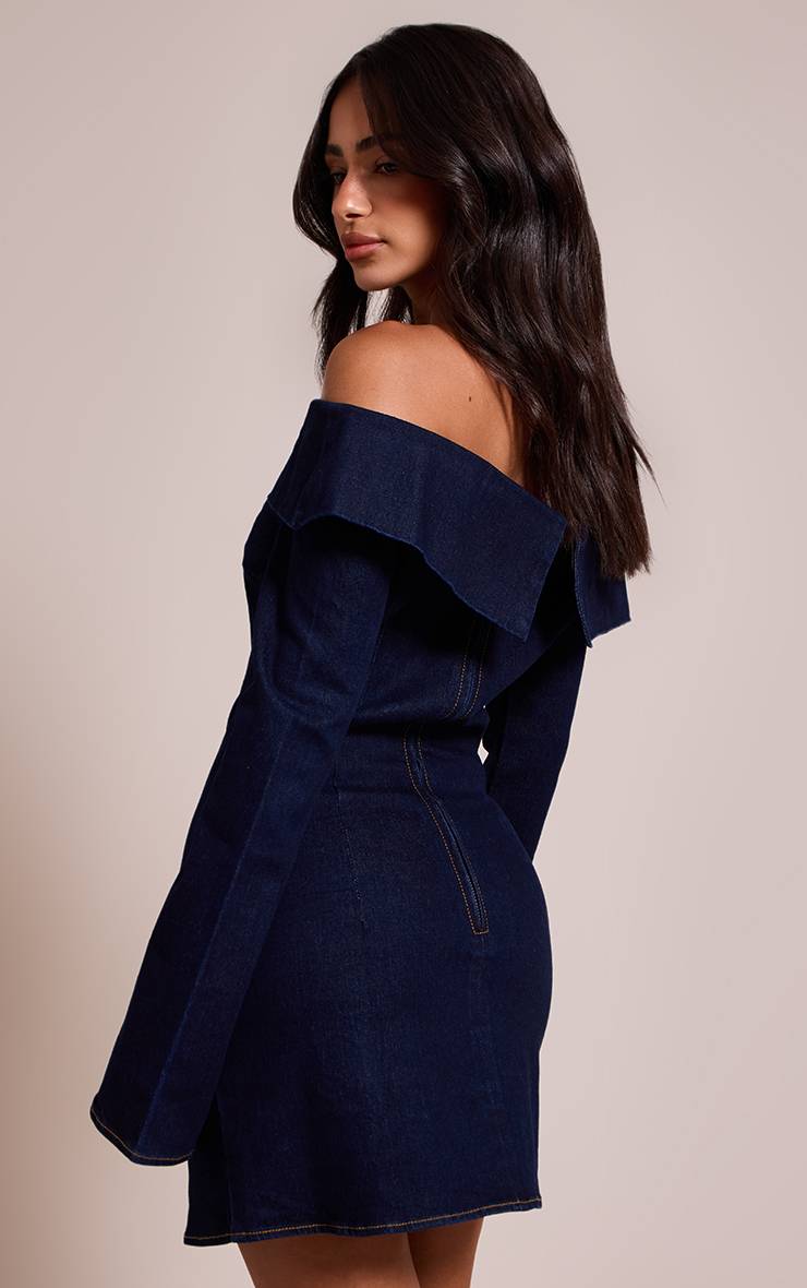 Mid Blue Wash Robe Courte Asymétrique À Manches Longues Avec Nœud Petite