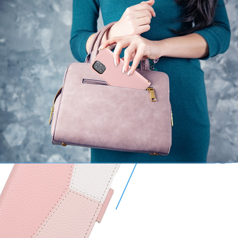 iPhone 12 / iPhone 12 Pro Leder Tasche Flip Cover Litchi Look mit Kartenfächern Geometrisches Design - Rosa / Weiss
