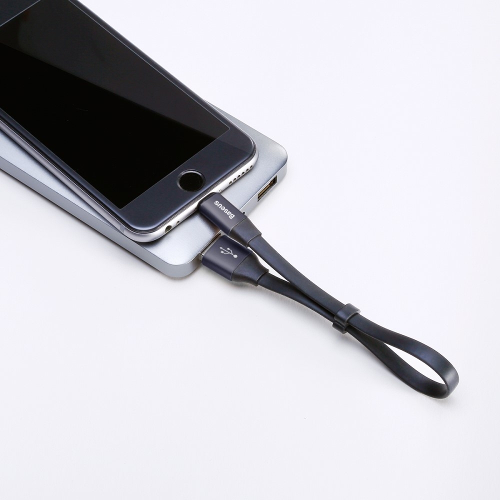 (23cm) 2A Lightning USB Flachband Mini Ladekabel - Schwarz