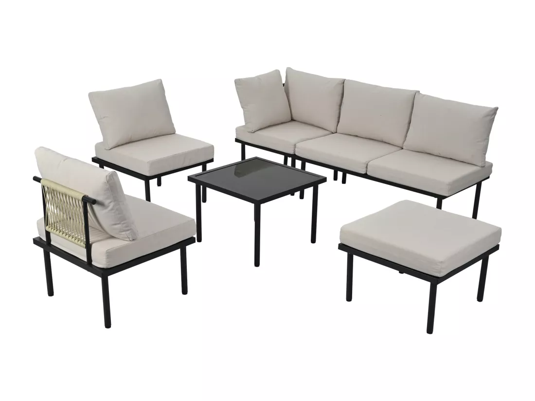 Salon de jardin modulable 6 places en acier galvanisé : 1 canapé 2 places + 1 canapé 2 places + 1 tabouret + 1 table basse carrée - Beige
