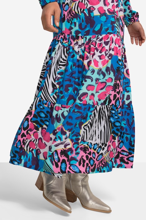 Maxikleid, farbiges Leo-Muster, Rundhals, Knopfleiste, Langarm