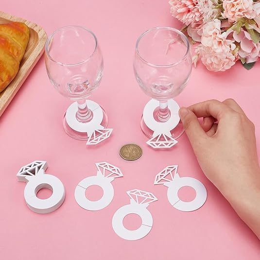 (50er Set) Ø42x60mm Papier Glas Deko Hochzeits Tischkarten Diamant Ring Namenskarten - Weiss