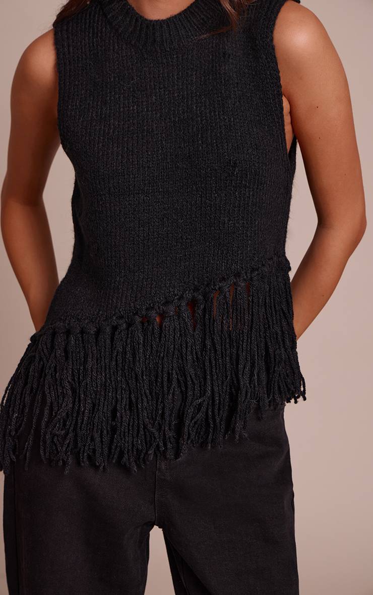 Noir Synthétiquell Sans Manches À Détails Franges