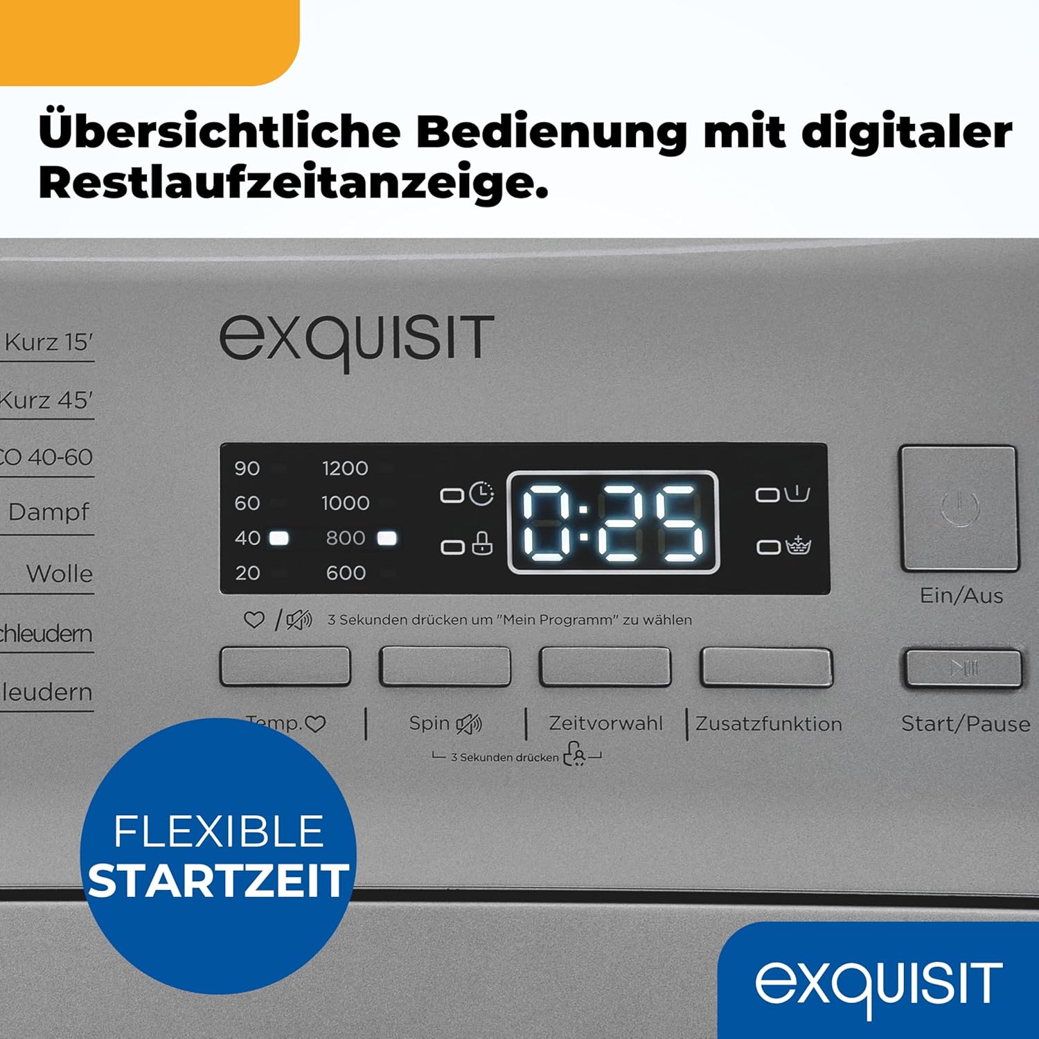 Exquisit Waschmaschine 7,5kg, Toplader, Waschmaschine schmal, Energieklasse A, 1200 U/Min, Startzeitvorwahl, Kurzprogramm, LTO51207-030A silber-dunkel