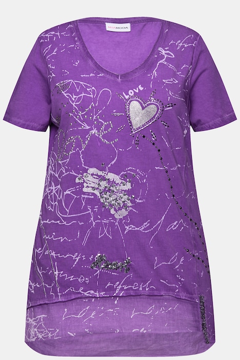 T-Shirt, cold dyed, verzierter Druck, V-Ausschnitt, Halbarm