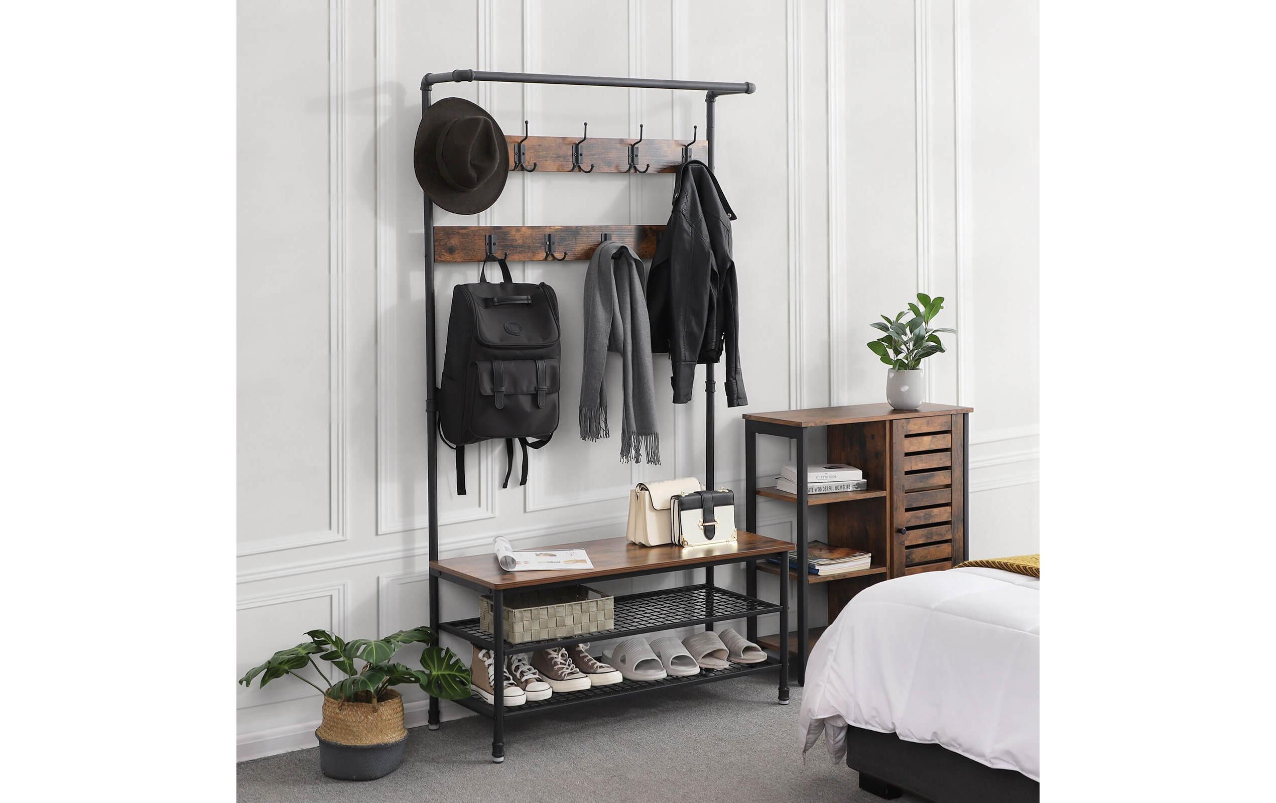 Garderobe mit Schuhablage 182 cm, Braun/Schwarz<br>Kleiderständer mit Sitzbank