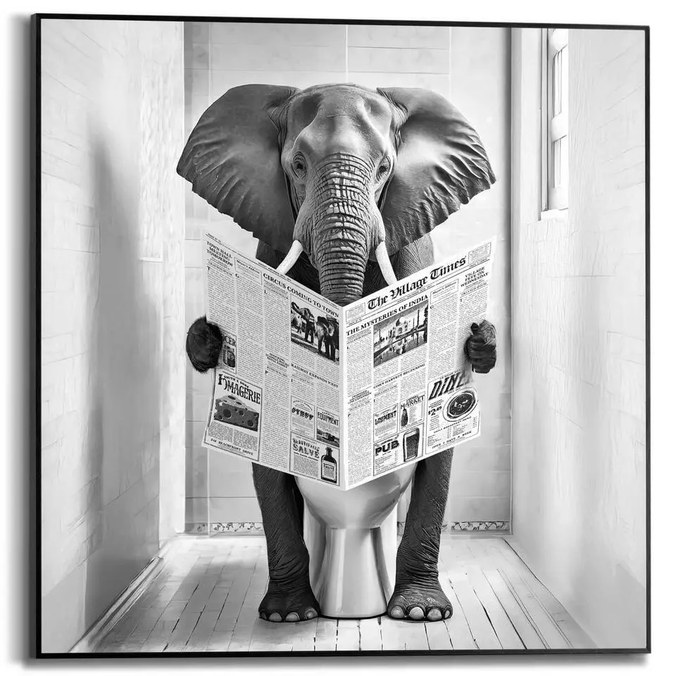 Schilderij Elephant Toilet - 50x50cm - Zwart-Wit