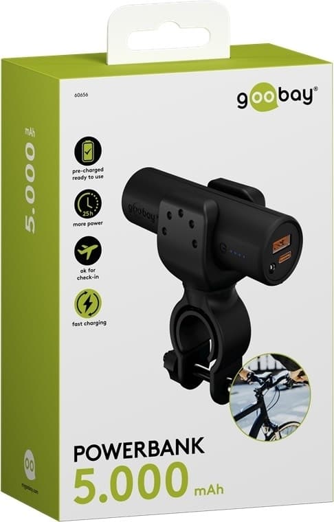 Goobay Bike Powerbank 5.0 (5.000 mAh) lille, tynd og handy bar powerbank med en kapacitet på 5.000 mAh til montering på cyklen