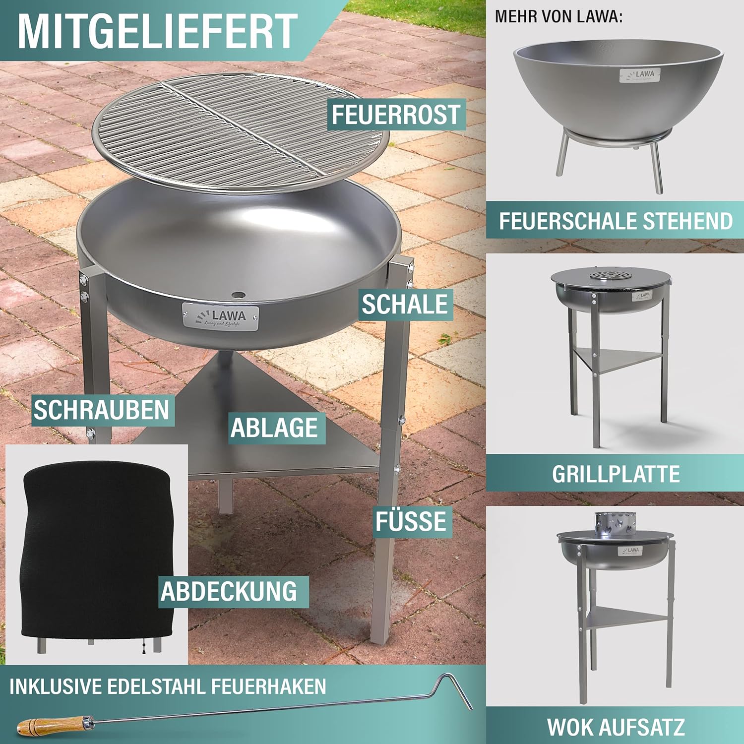 Edelstahl Feuerschale 60cm V2A / 304 18/8 Stahl 3 Höhen Set Abdeckhaube Feuerrost Feuerhaken Klöpperboden Feuerstelle Outdoor Grill Terrassenfeuer Rund Dreibein Garten Grillschale Feuerkorb Terrasse