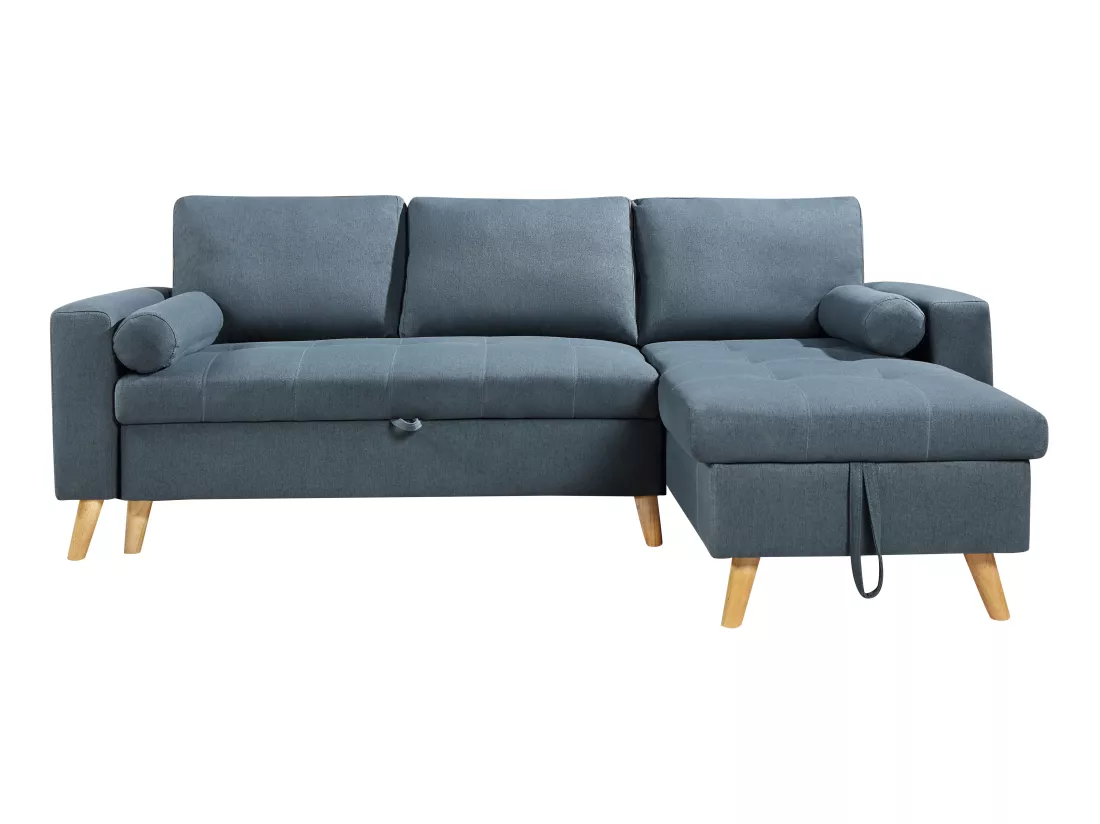 Canapé d'angle convertible et réversible en tissu bleu canard avec coffre de rangement KORI