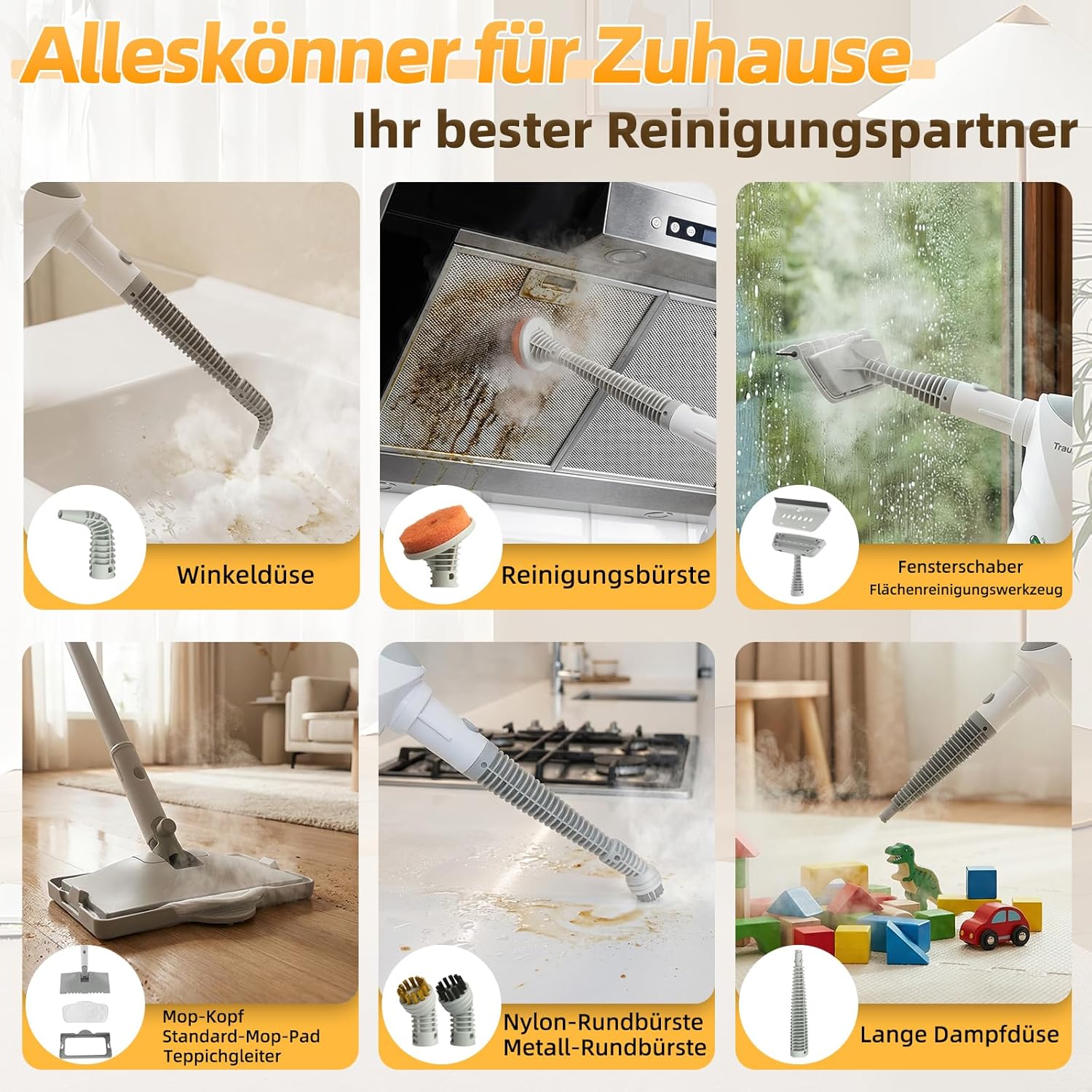 Dampfreiniger, 10-in-1 Handdampfreiniger, 15S Schnelle Aufheizung Dampfwischer, 450 ml Druck-Mehrzweckdampfreiniger, 1500 W, chemikalienfreier für den Heimgebrauch, Reinigung von Böden, Fliesen, Fenst