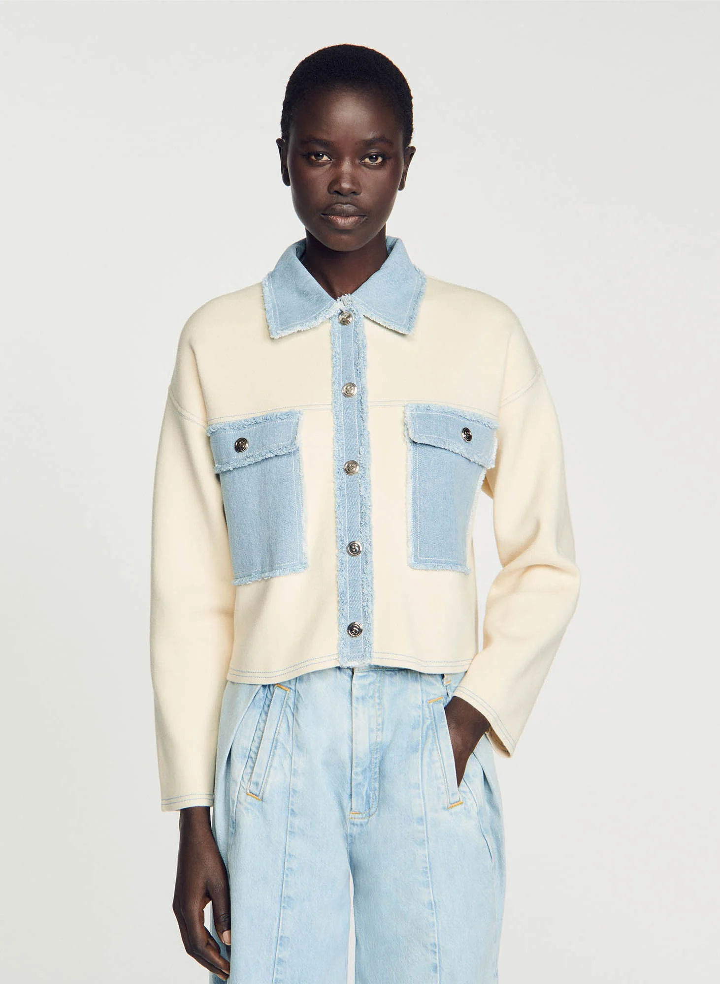 Cardigan oversize col classique bi matière| Blanc