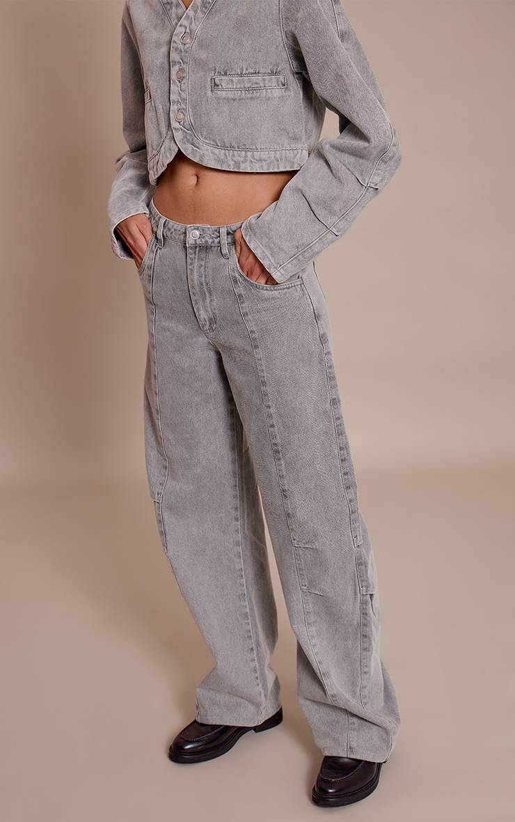 Gris Jean Barrel Taille Mi-haute Avec Détails De Coutures