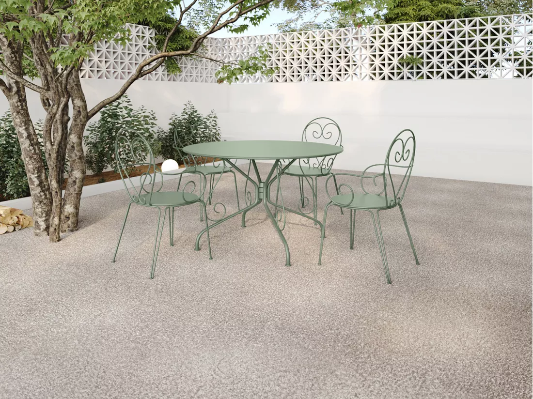 Salle à manger de jardin en métal façon fer forgé : une table D.120cm et 4 fauteuils empilables - Vert amande - GUERMANTES de MYLIA