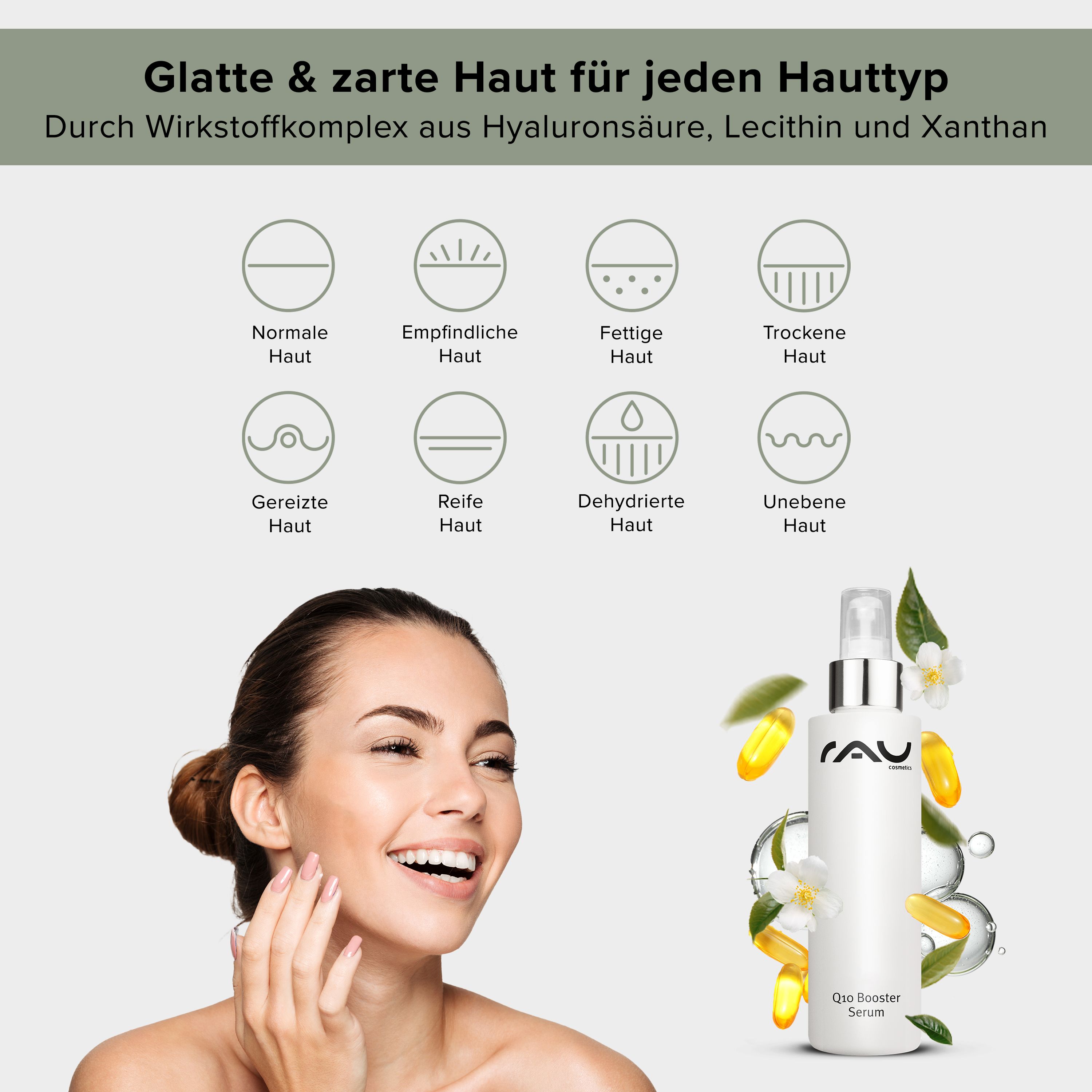 RAU Cosmetics Q10 Booster Serum - Anti-Aging Serum gegen Falten für straffe Haut