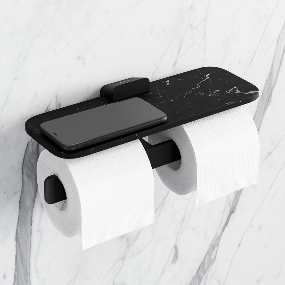 Geesa Shift toiletrolhouder dubbel zwart met planchet van matzwarte marmerlook