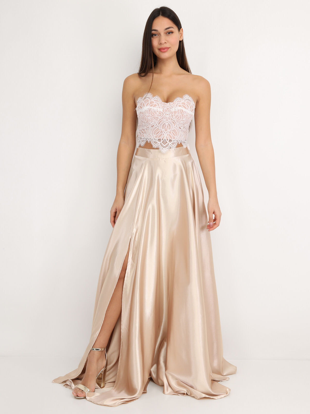 Jupe longue taille haute effet satiné- Beige