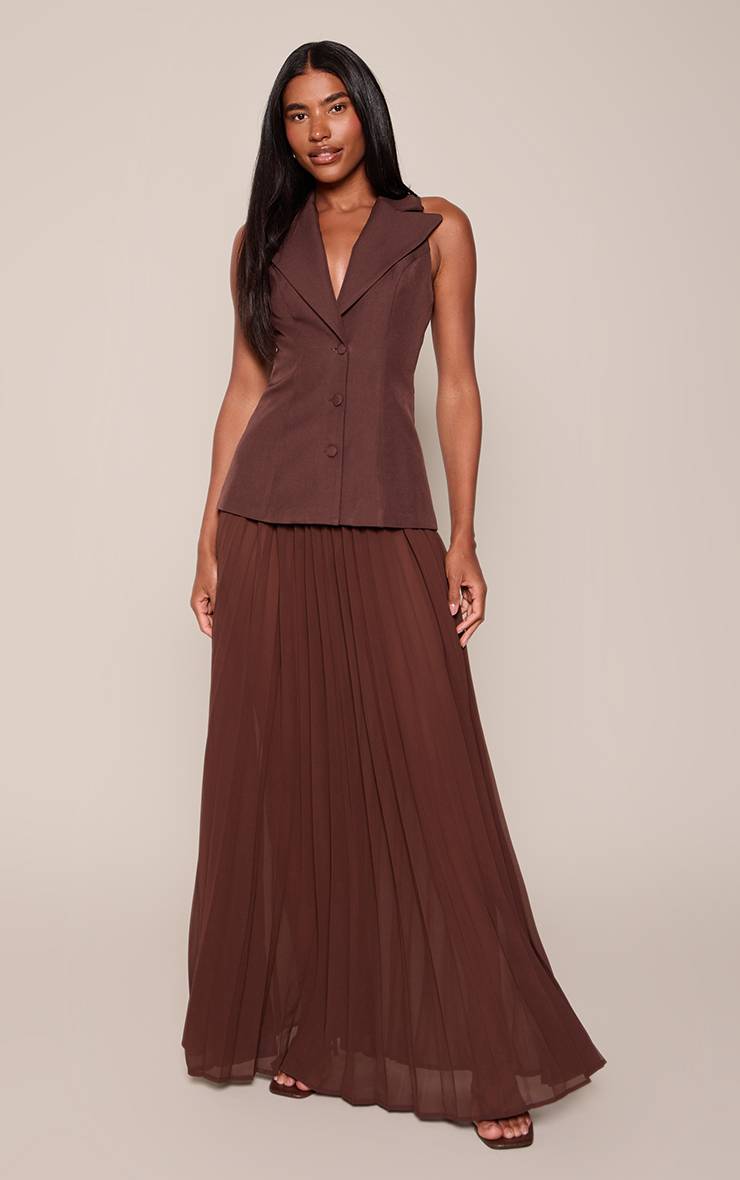 Chocolat Robe Maxi Plissée En Mousseline Avec Corsage Sans Manches En Tissu Tissé