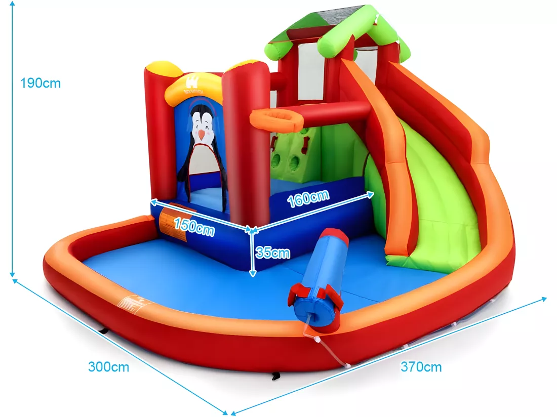 Château Gonflable avec Toboggans Aquatiques, Aire de Jeux Gonflable Piscine avec Motif de Boisgouin, Canon à Eau, Panier de Basket-Ball 3 à 10 Ans Rouge Avec Souffleur 680W