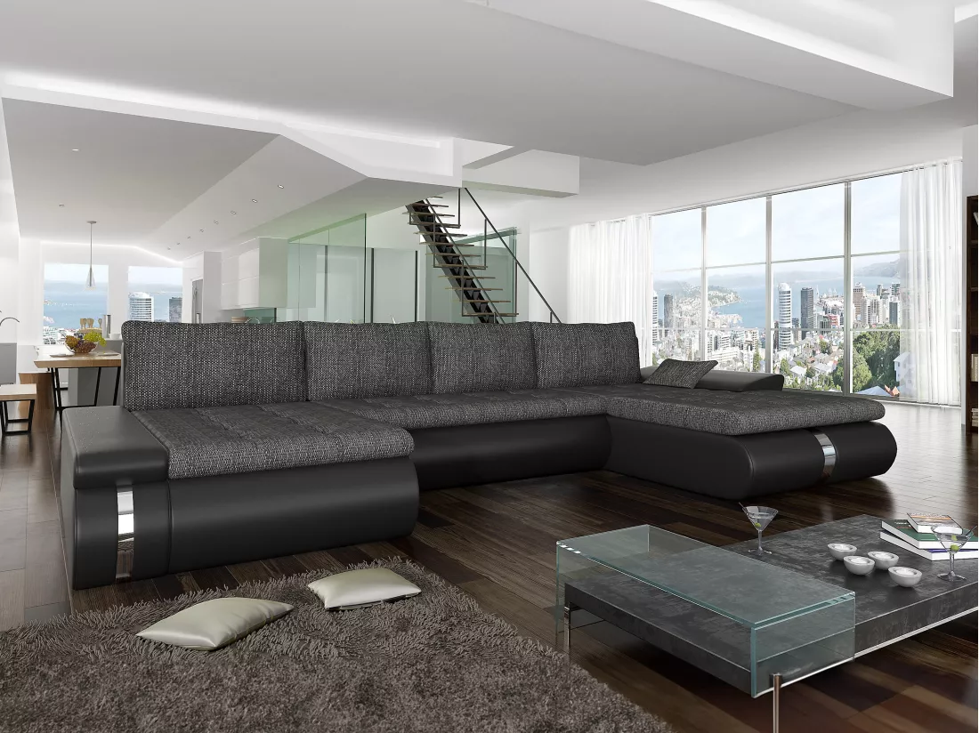 Canapé d'angle panoramique convertible et réversible en tissu et simili noir et anthracite AZELMA II
