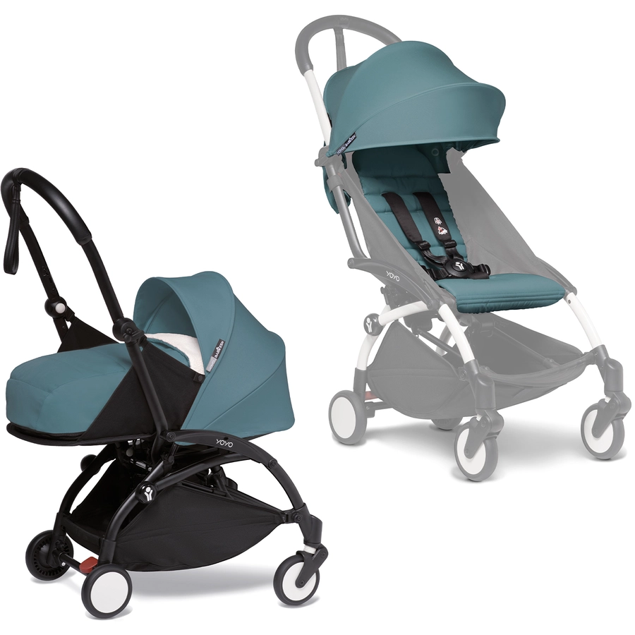 BABYZEN Kinderwagen YOYO2 0+ Black mit Neugeborenenaufsatz und Textilset Aqua