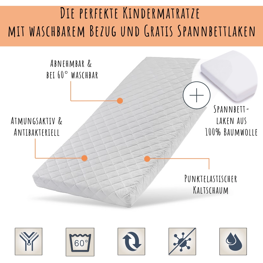 Kids Collective Kindermatratze 80x170 | 90x190 cm cm mit waschbarem Bezug weiß mit Spannbettlaken