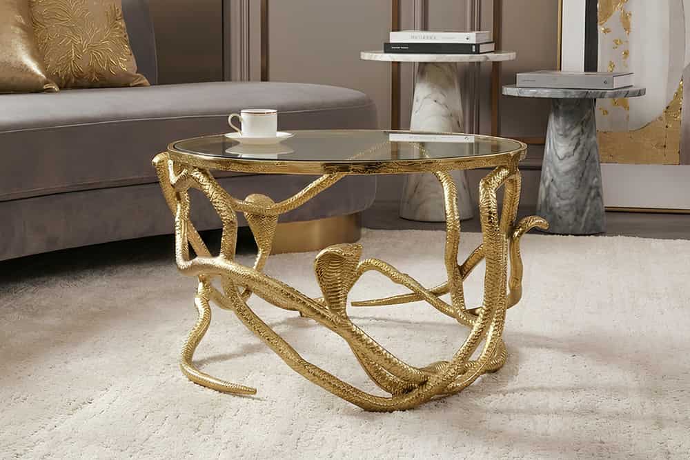 Extravaganter Couchtisch SNAKE 70cm gold rund Metall Schlangen-Skulptur Glasplatte