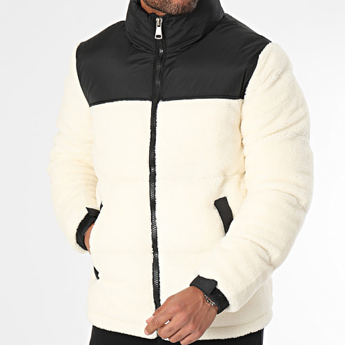 Doudoune Fourrure Capuche Beige Noir