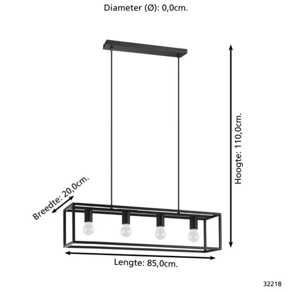 EGLO Eldrick Hanglamp - 4xE27 - 85 cm - industrieel - Staal - Zwart