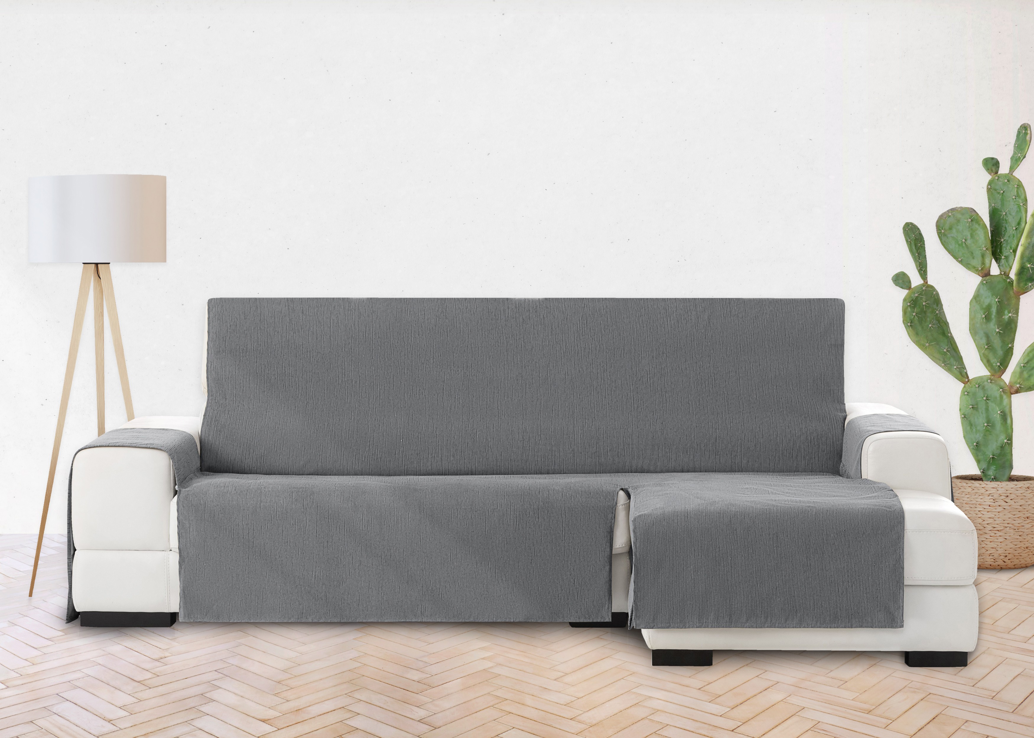 Capa protetora para sofá Vipalia Elite, cinza, modelo curto, para chaise longue direita.