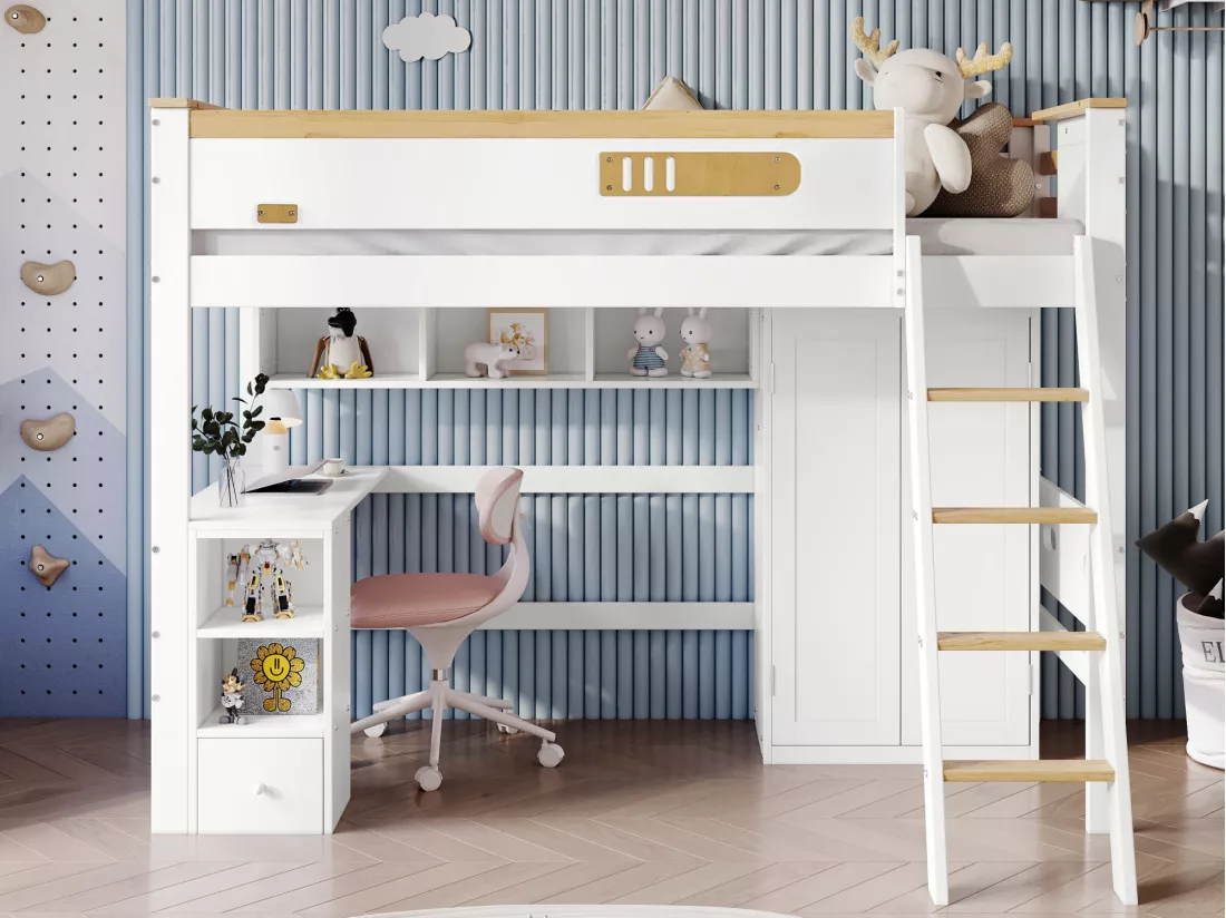 Lit mezzanine en bois - 90x200 cm - avec étagères、bureau et armoire - Blanc